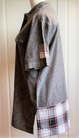 Damen Upcycling Mode Kurz Arm Jeans bluse Gr. 50 Nachhaltig Unikat